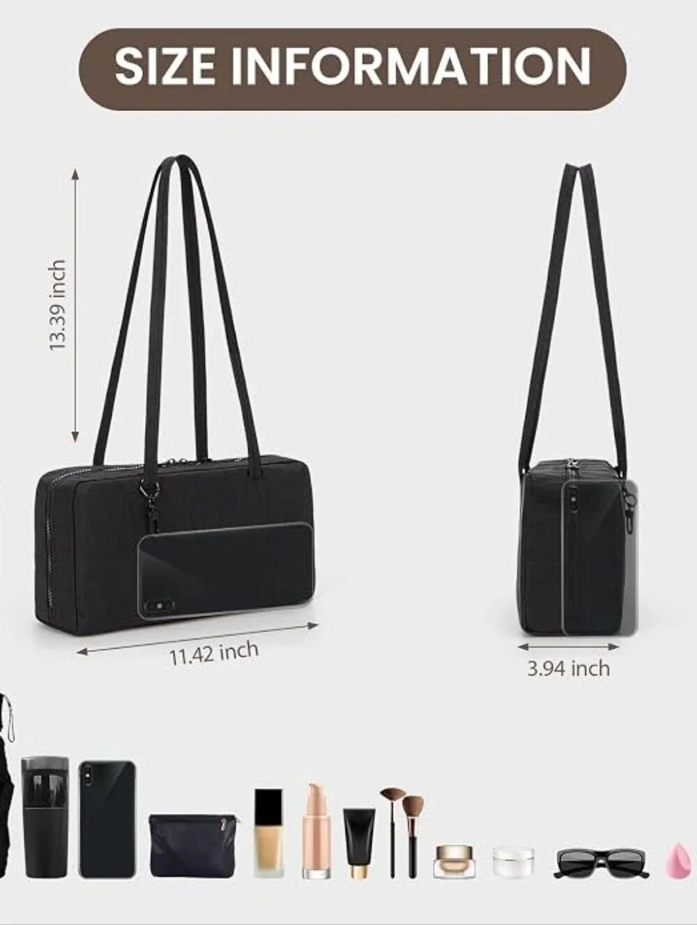 Small Nylon Bowler Bag Women's Shoulder Hobo Purse Black Zip Travel Work